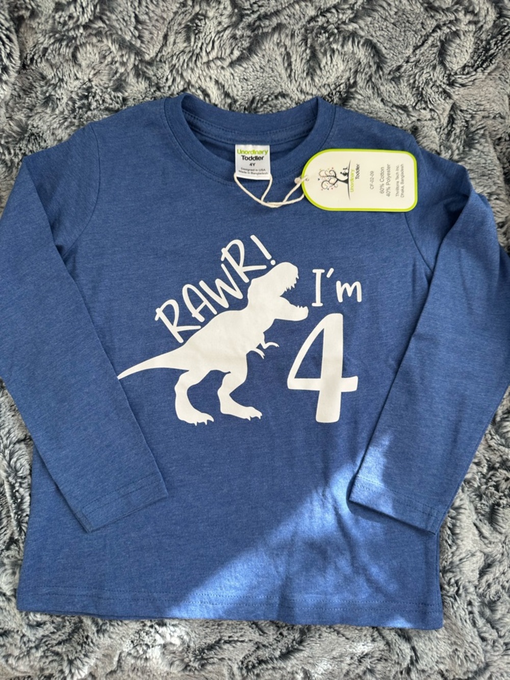 NWTS Unordinary Blue Long-Sleeve 'RAWR! I'm 4' Dino Tee Sz 4 yrs BIRTHDAY